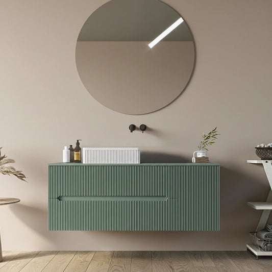 Mobile bagno 100x46 Urbino cannettato verde bosco con anta con lavabo e rubinetteria, vista frontale su sfondo neutro...