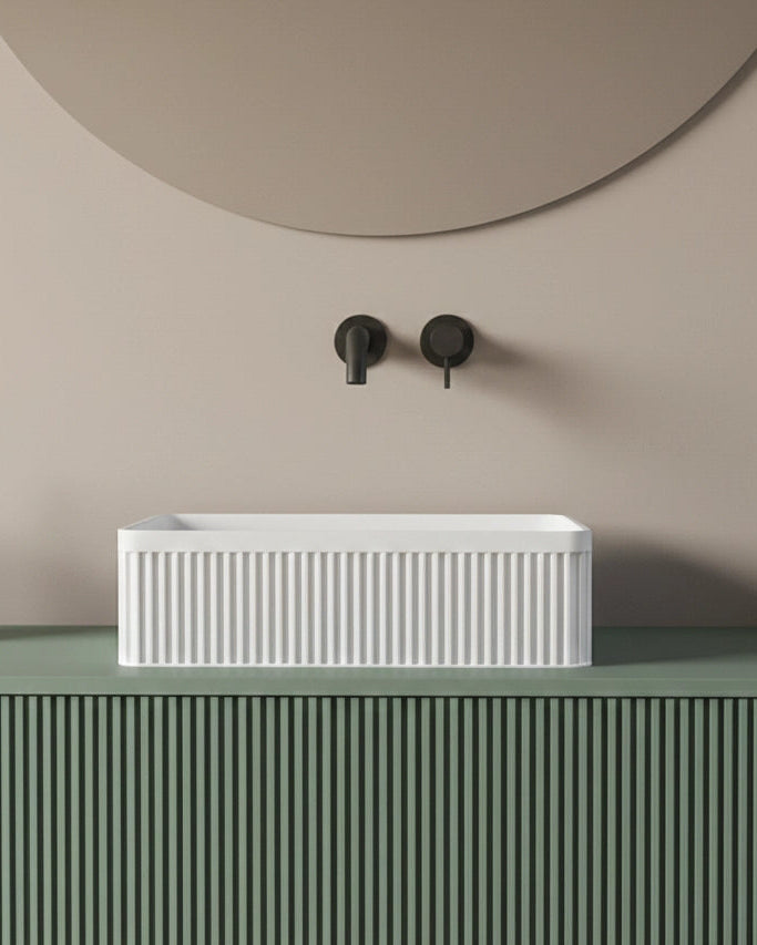 Mobile bagno 100x46 Urbino cannettato verde bosco con anta, vista dall'alto del piano con lavabo - Exagonshop