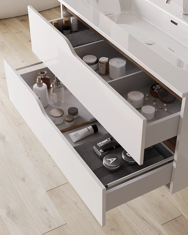 Mobile bagno 100x46 bianco lucido con lavabo Gaia, vista laterale della struttura sospesa - Exagonshop