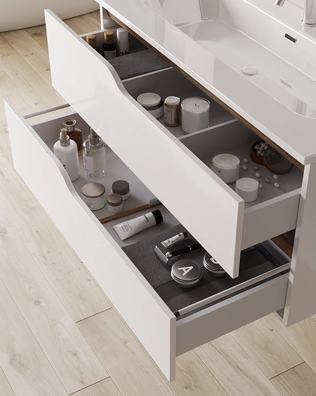 Mobile bagno 80x46 Gaia quercia naturale bianco lucido con, vista dall'alto del piano con lavabo - Exagonshop