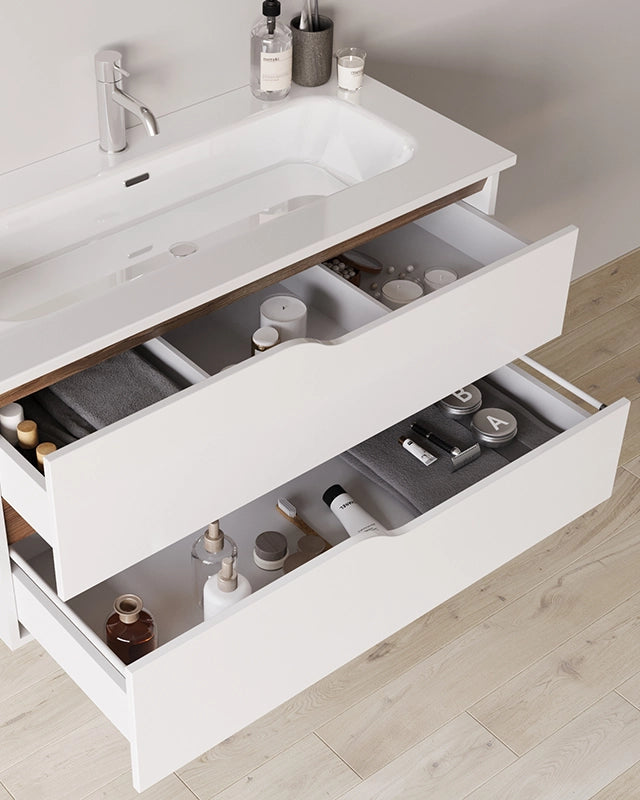 Mobile bagno 100x46 bianco lucido con lavabo Gaia, dettaglio ravvicinato della finitura e del cassetto - Exagonshop
