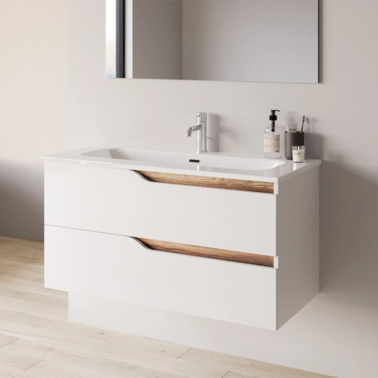 Mobile bagno 80x46 Gaia quercia naturale bianco lucido con lavabo