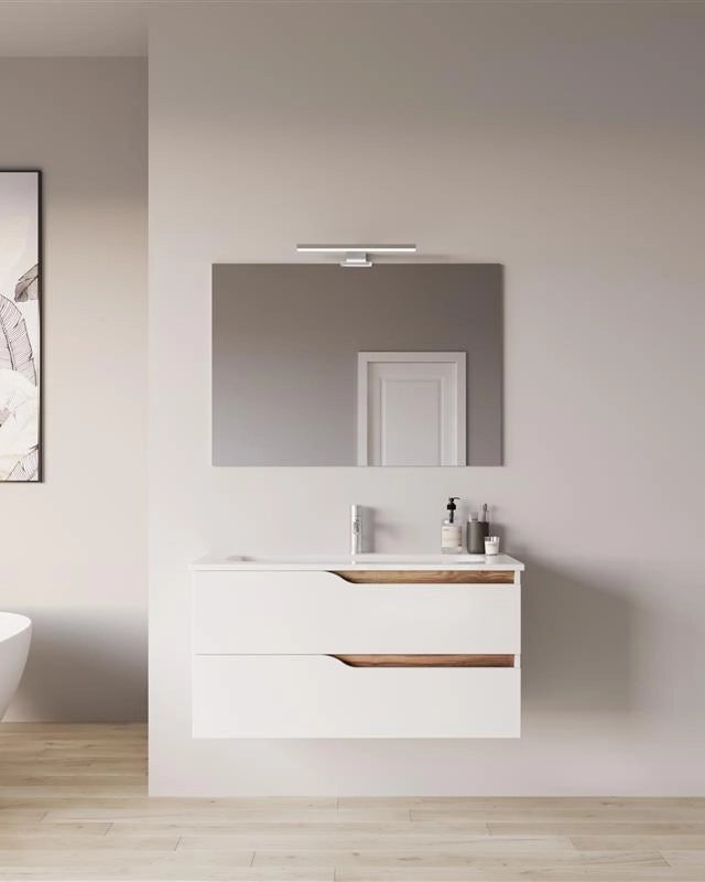 Mobile bagno 80x46 Gaia quercia naturale bianco lucido con, dettaglio ravvicinato della finitura e del cassetto - Exagonshop