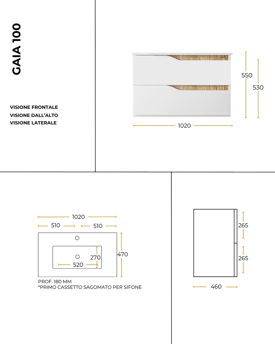 Mobile bagno 100x46 Gaia quercia naturale con lavabo in ceramica
