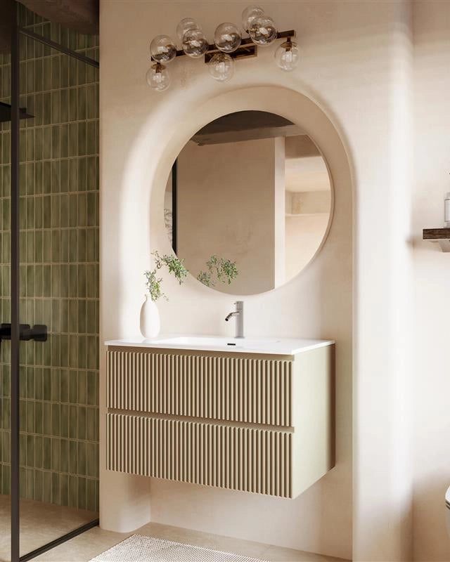 Mobile bagno 100x46 sabbia opaco cannettato lavabo ceramica ambientato in bagno moderno con specchio e accessori - Exagonshop