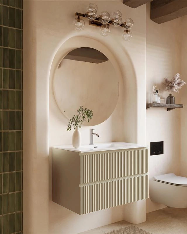 Mobile bagno 100x46 sabbia opaco cannettato lavabo ceramica, dettaglio ravvicinato della finitura e del cassetto - Exagonshop