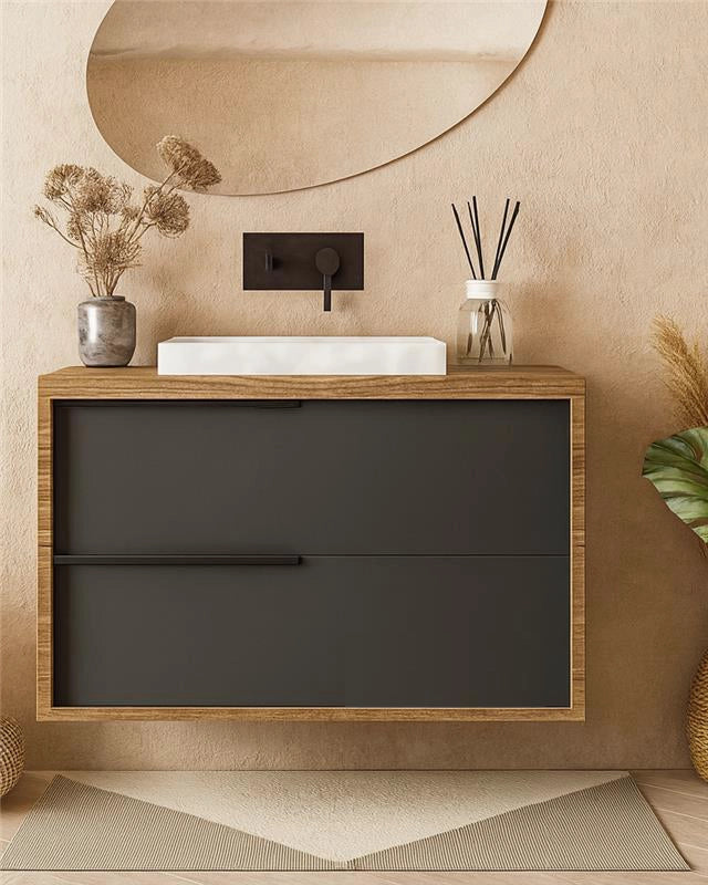 Mobile bagno 100x47 Urban noce antracite due cassetti con Noce Grigio Basalto in opaco e naturale con lavabo e...