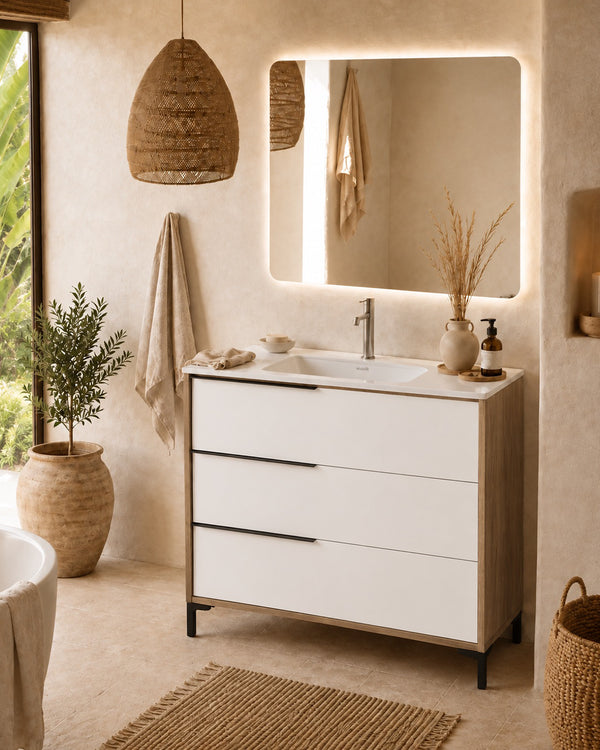 Mobile bagno 100x47 a terra Urban noce bianco opaco lavabo ceramica lucida