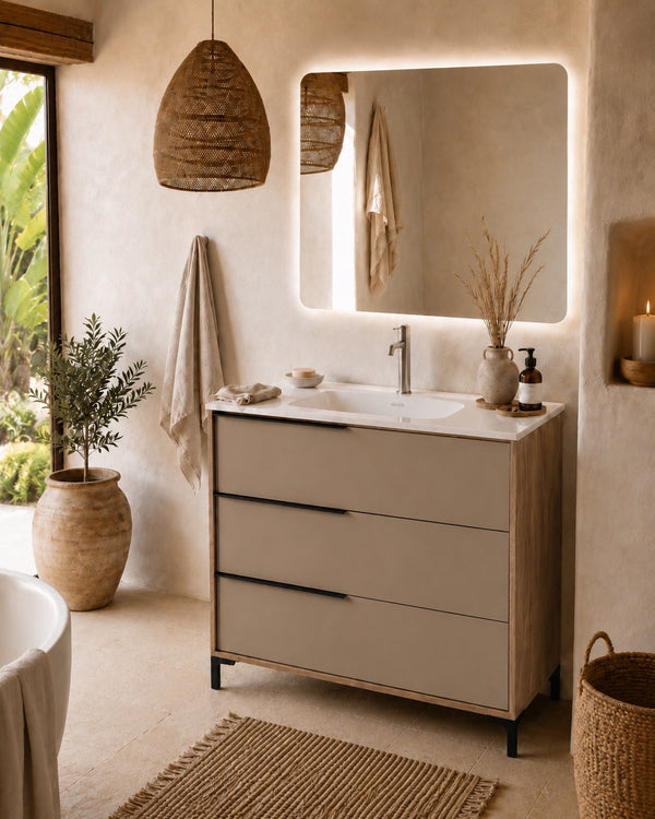 Mobile bagno 100x47 a terra Urban noce tortora opaco lavabo ceramica lucida