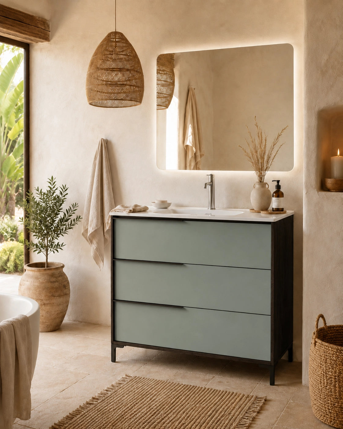 Mobile bagno 100x47 a terra caffe salvia opaco lavabo ceramica lucida