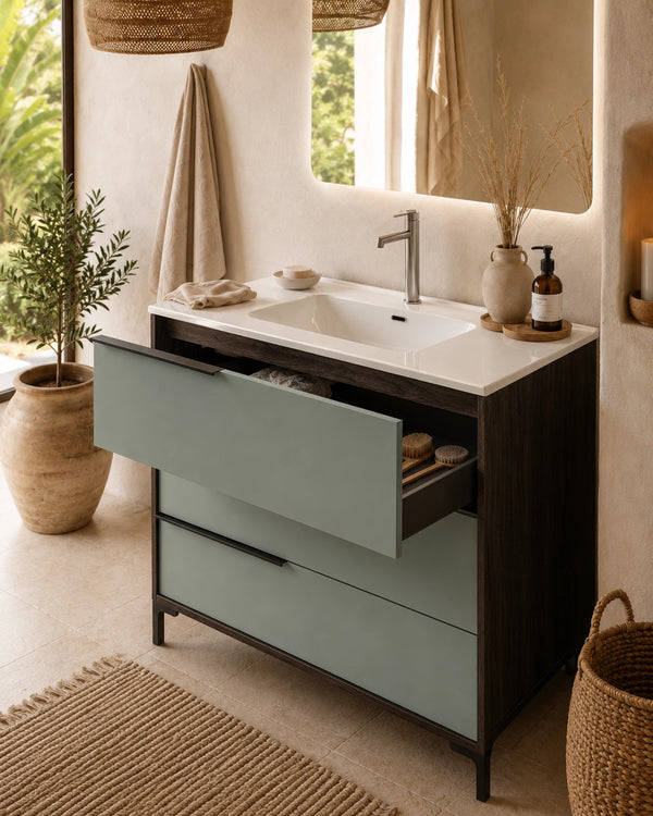Mobile bagno 100x47 a terra caffe salvia opaco lavabo ceramica lucida