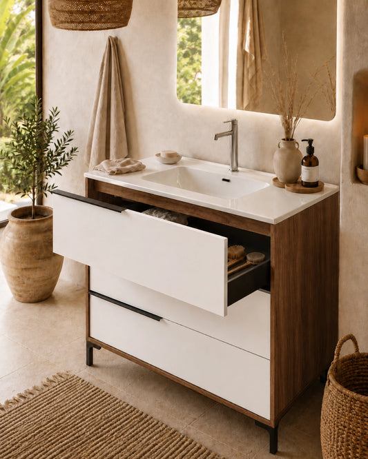 Mobile bagno 100x47 a terra noce bianco opaco lavabo ceramica lucida