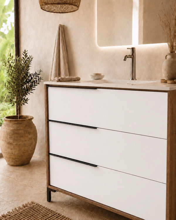 Mobile bagno 100x47 a terra noce bianco opaco lavabo ceramica lucida