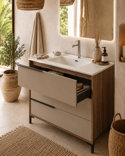 Mobile bagno 100x47 a terra noce tortora opaco lavabo ceramica lucida