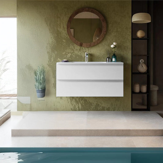 Mobile bagno 120x45 bianco opaco Pesaro due cassetti lavabo in mineralmarmo