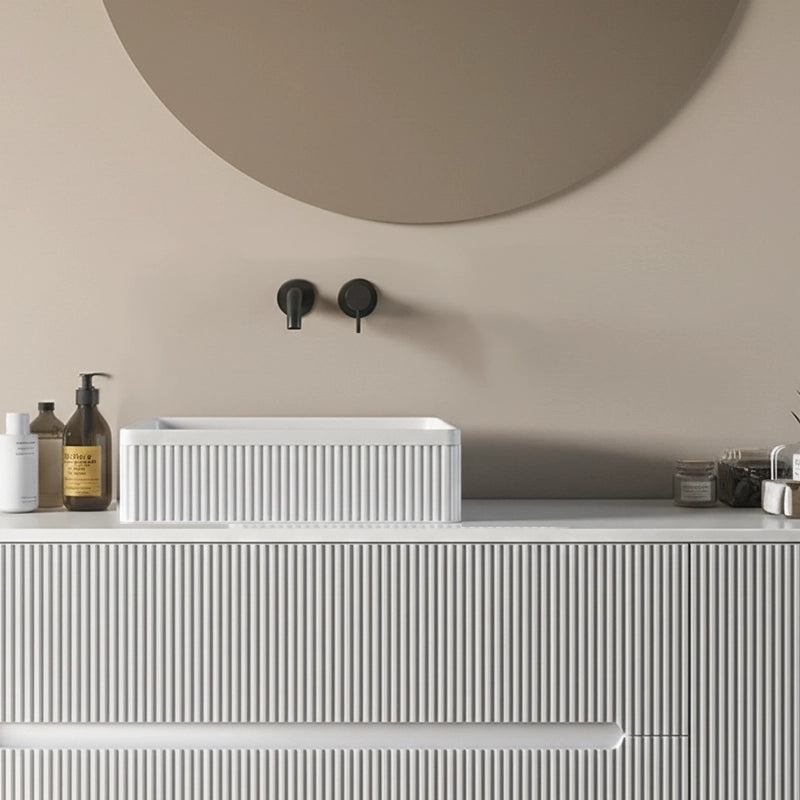 Mobile bagno 120x46 Urbino cannettato bianco opaco con anta, vista dall'alto del piano con lavabo - Exagonshop