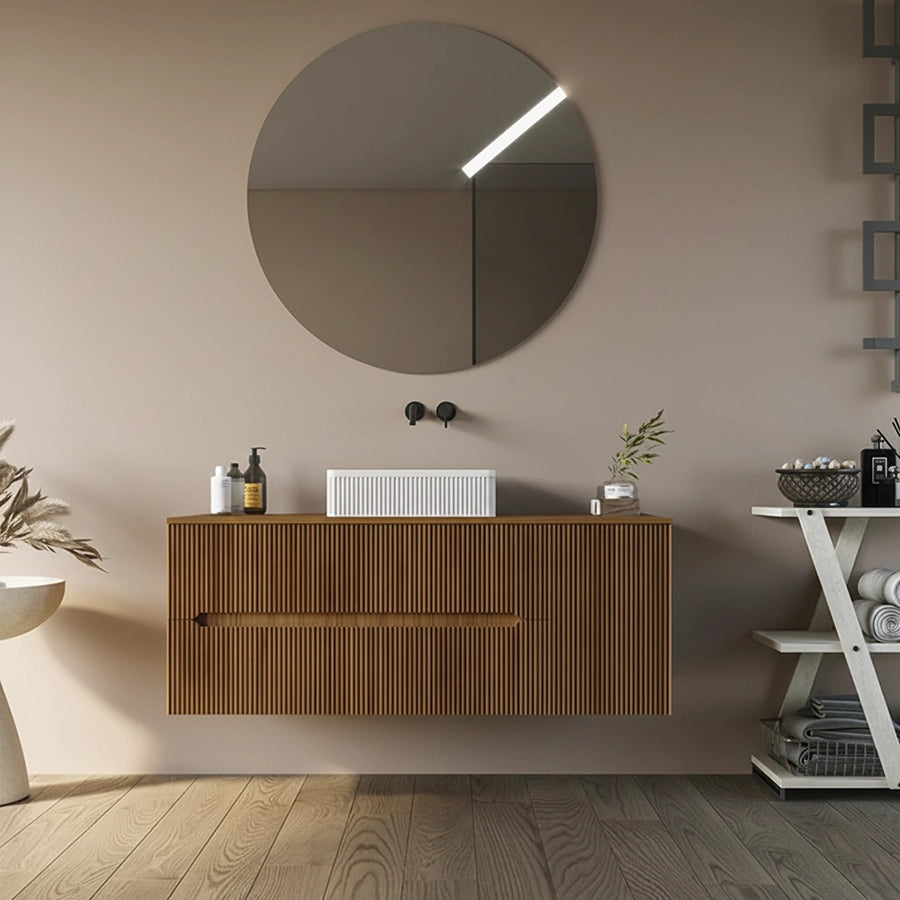 Mobile bagno 120x46 Urbino cannettato noce chiaro con anta e lavabo opaco