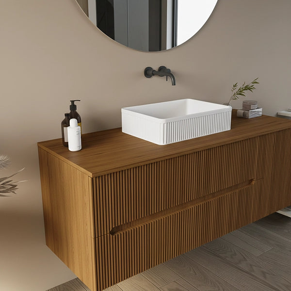 Mobile bagno 120x46 Urbino cannettato noce chiaro con anta e lavabo opaco