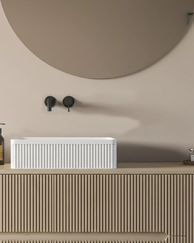 Mobile bagno 120x46 Urbino cannettato tortora opaco con, vista dall'alto del piano con lavabo - Exagonshop
