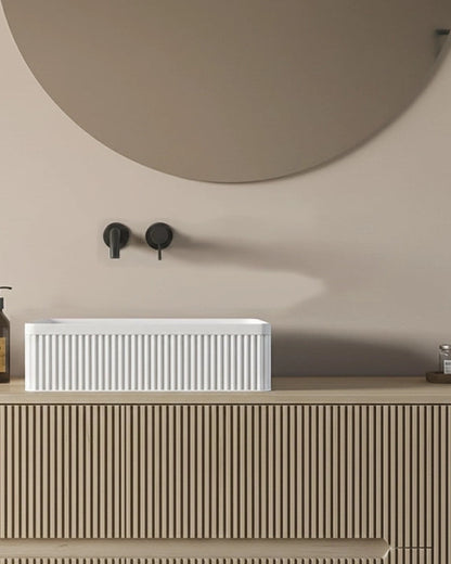 Mobile bagno 120x46 Urbino cannettato tortora opaco con, vista dall'alto del piano con lavabo - Exagonshop
