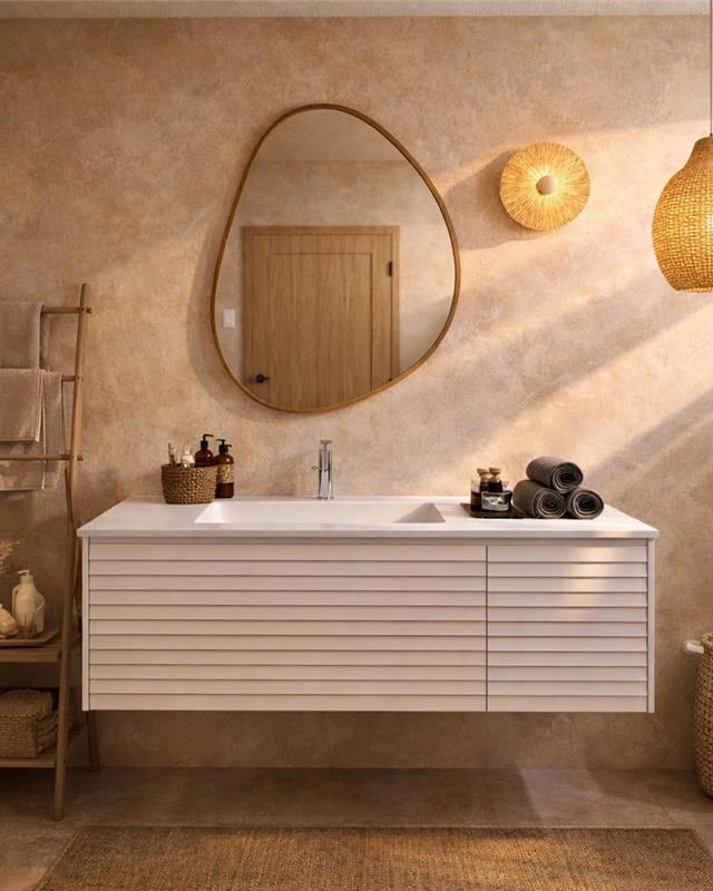 Mobile bagno 120x48 bianco con lavabo resina opaco Merida con lavabo e rubinetteria, vista frontale su sfondo neutro...
