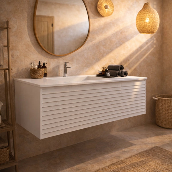 Mobile bagno 120x48 Merida cannettato bianco con lavabo a sinistra