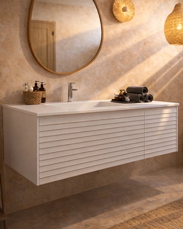 Mobile bagno 120x48 bianco con lavabo resina opaco Merida, vista dall'alto del piano con lavabo - Exagonshop
