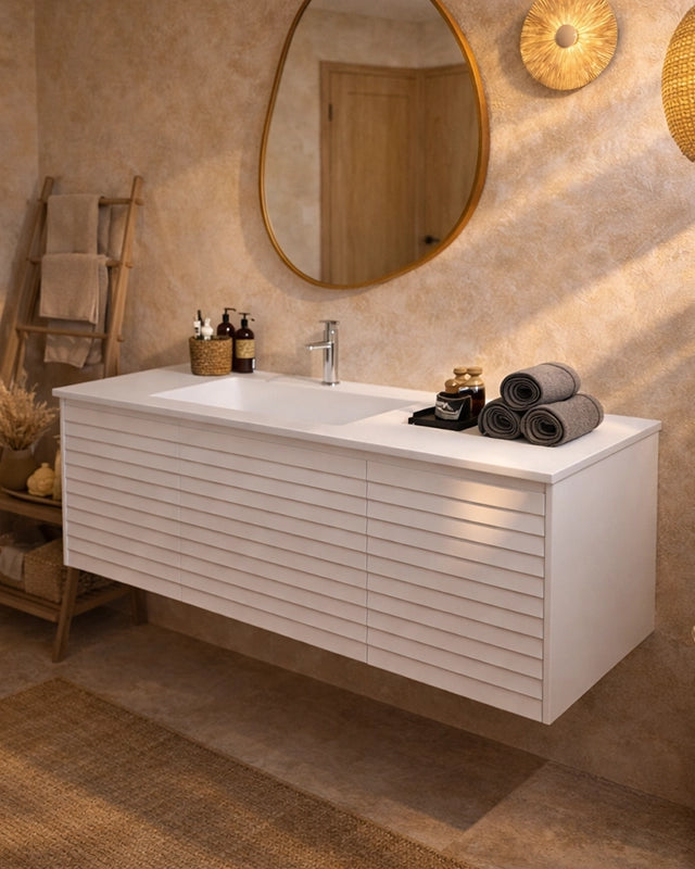Mobile bagno 120x48 bianco con lavabo resina opaco Merida, dettaglio ravvicinato della finitura e del cassetto - Exagonshop