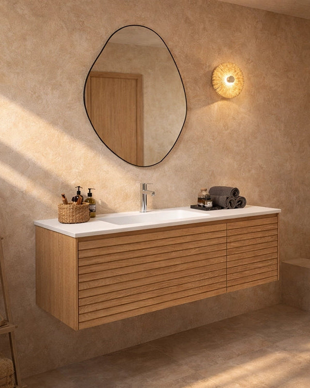 Mobile bagno 120x48 quercia con lavabo resina opaco Merida, vista dall'alto del piano con lavabo - Exagonshop