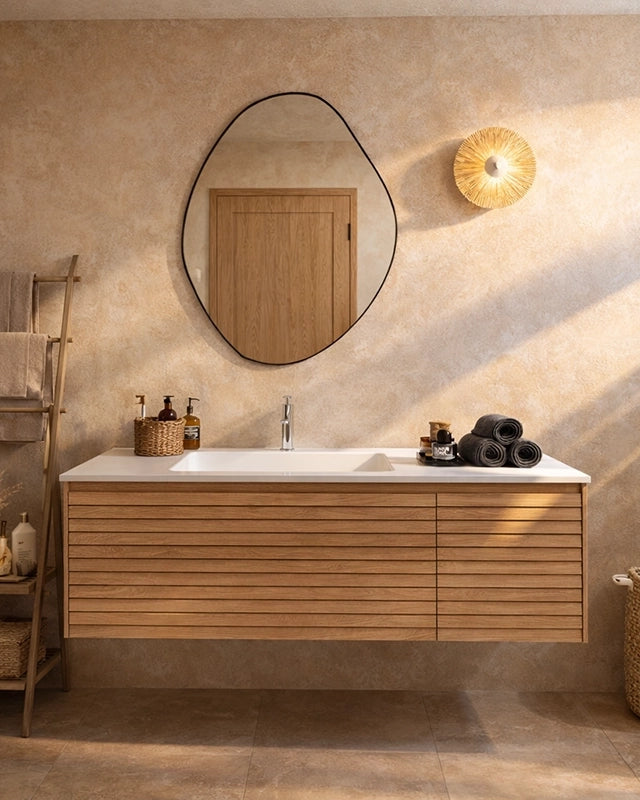 Mobile bagno 120x48 quercia con lavabo resina opaco Merida in naturale con lavabo e rubinetteria, vista frontale su...