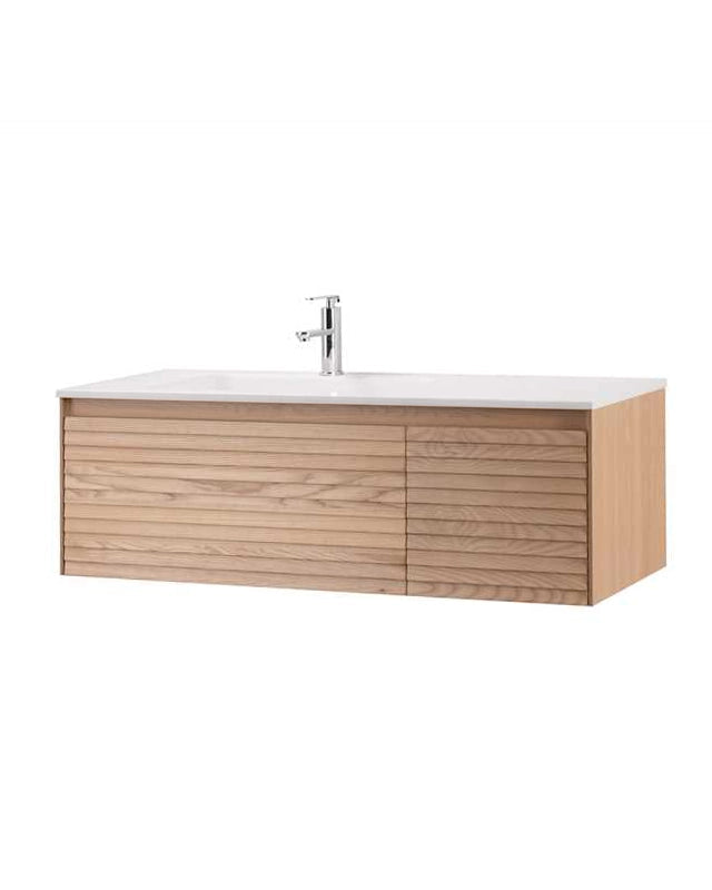 Mobile bagno 120x48 quercia con lavabo resina opaco Merida, vista laterale della struttura sospesa - Exagonshop