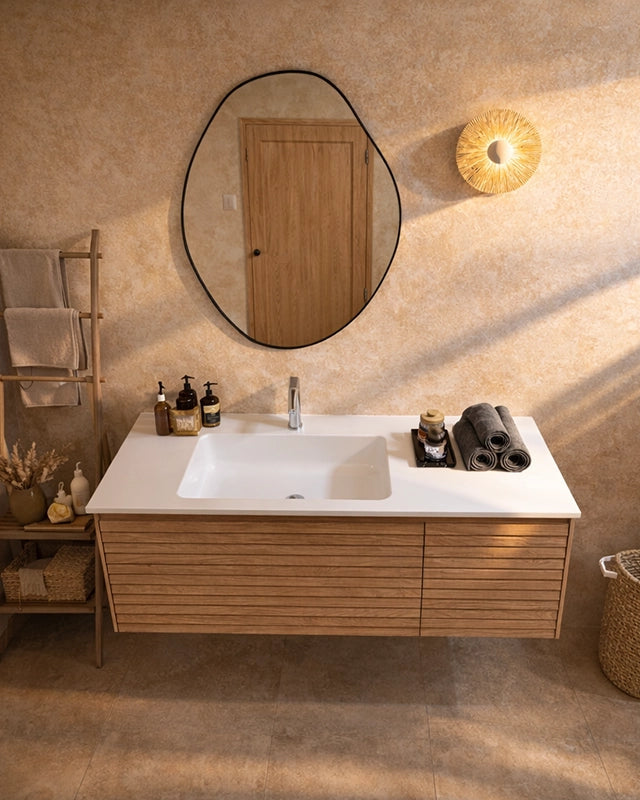 Mobile bagno 120x48 quercia con lavabo resina opaco Merida ambientato in bagno moderno con specchio e accessori - Exagonshop