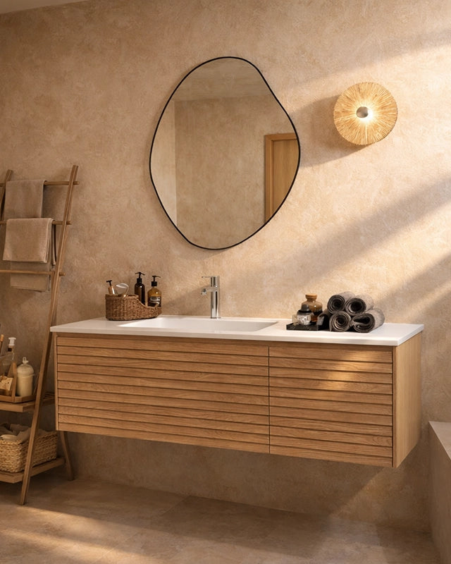 Mobile bagno 120x48 quercia con lavabo resina opaco Merida, dettaglio ravvicinato della finitura e del cassetto - Exagonshop