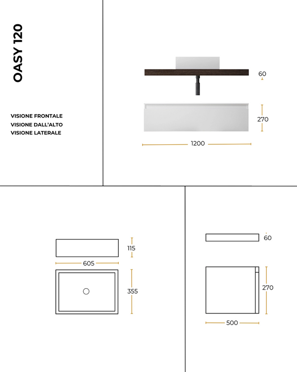 Mobile bagno bianco opaco 120x50 Oasy top grigio e lavabo da appoggio