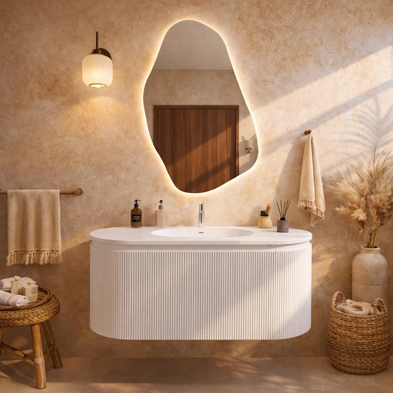 Mobile bagno 120x50 Siviglia cannettato bianco lavabo opaco, vista laterale della struttura sospesa - Exagonshop