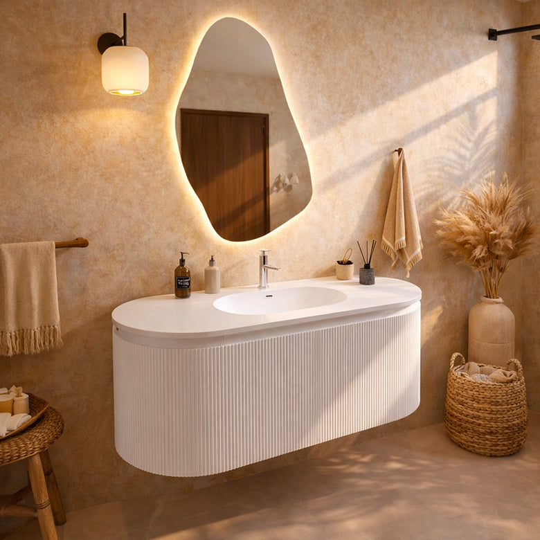 Mobile bagno 120x50 Siviglia cannettato bianco lavabo opaco, dettaglio ravvicinato della finitura e del cassetto - Exagonshop