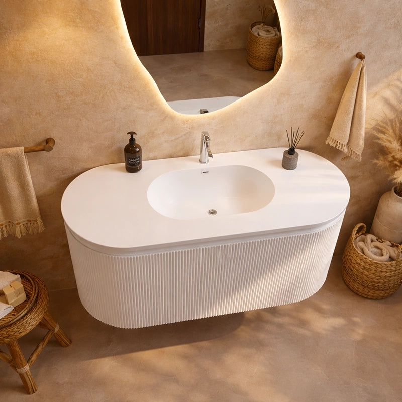 Mobile bagno 120x50 Siviglia cannettato bianco lavabo opaco, vista dall'alto del piano con lavabo - Exagonshop