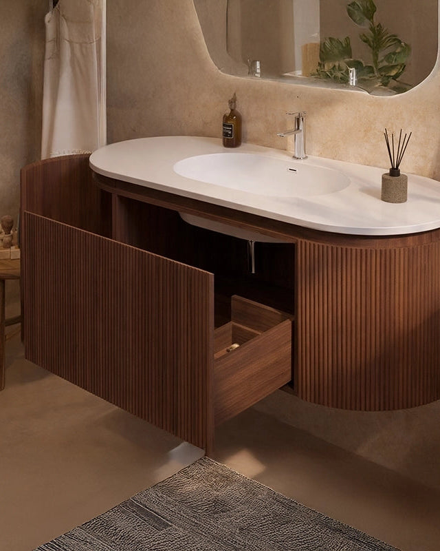 Mobile bagno 120x50 Siviglia cannettato quercia scuro, dettaglio ravvicinato della finitura e del cassetto - Exagonshop