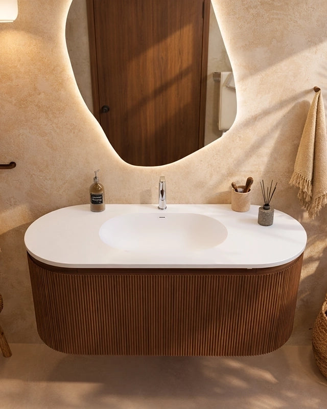 Mobile bagno 120x50 Siviglia cannettato quercia scuro, vista dall'alto del piano con lavabo - Exagonshop