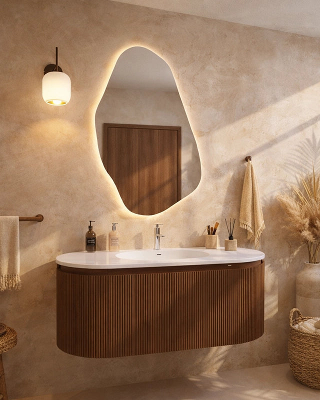 Mobile bagno 120x50 Siviglia cannettato quercia scuro ambientato in bagno moderno con specchio e accessori - Exagonshop
