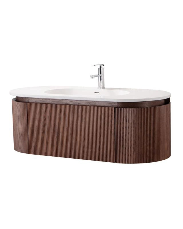 Mobile bagno 120x50 Siviglia cannettato quercia scuro con lavabo e rubinetteria, vista frontale su sfondo neutro - Exagonshop