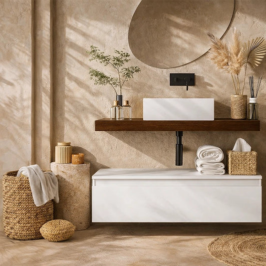 Mobile bagno 120x50 tabacco bianco opaco Oasy con top e lavabo appoggio