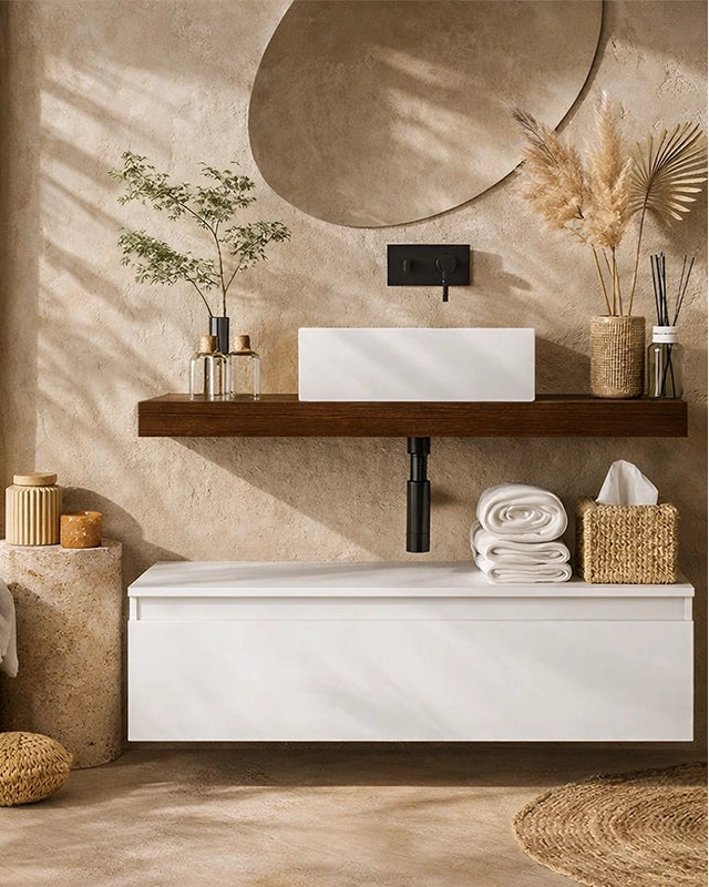 Mobile bagno 120x50 tabacco bianco opaco Oasy con top e in ceramica e naturale con lavabo e rubinetteria, vista frontale...