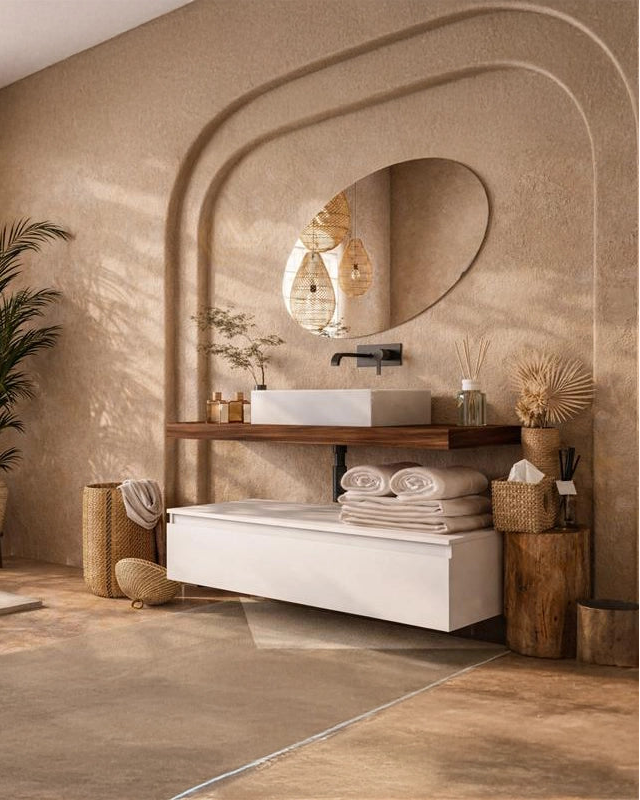 Mobile bagno 120x50 tabacco bianco opaco Oasy con top e, vista dall'alto del piano con lavabo - Exagonshop