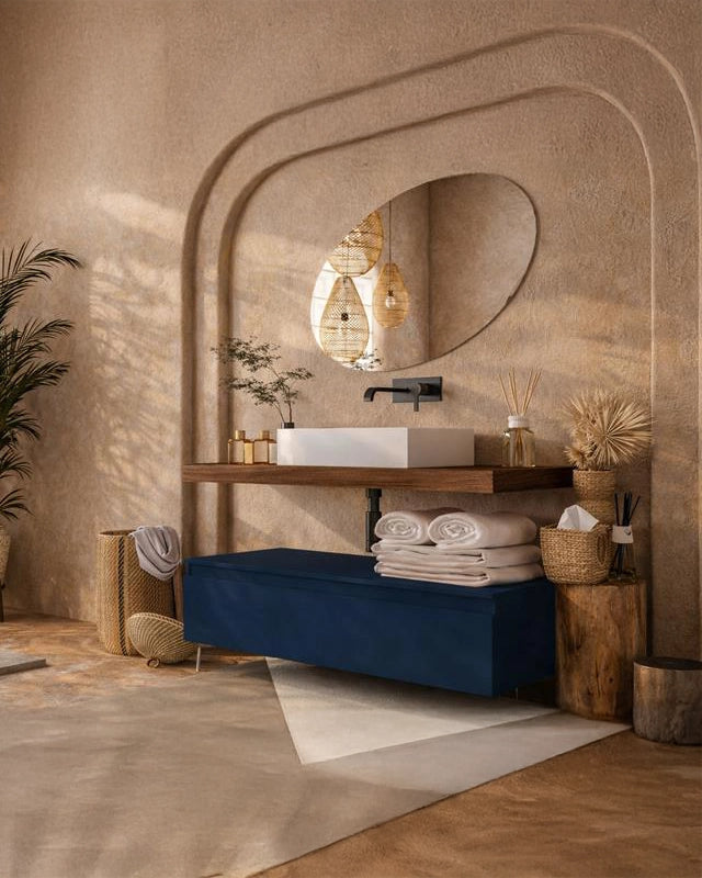 Mobile bagno 120x50 tabacco blu opaco Oasy con top e lavabo, vista dall'alto del piano con lavabo - Exagonshop