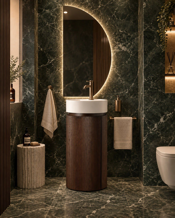 Mobile bagno 40x86 freestanding Toledo cannettato noce e lavabo opaco con foro