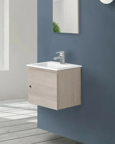 Mobile bagno 50x36 rovere chiaro lavabo in ceramica e con lavabo e rubinetteria, vista frontale su sfondo neutro - Exagonshop