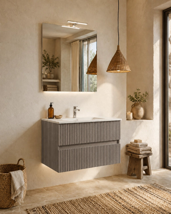 Mobile bagno 60x46 Panama cannettato rovere grigio con lavabo e specchio
