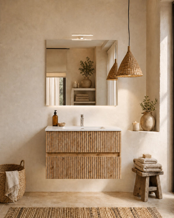 Mobile bagno 60x46 Panama cannettato rovere naturale con lavabo e specchio
