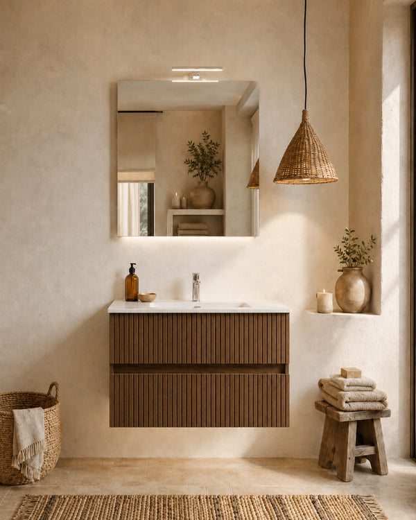 Mobile bagno 60x46 Panama cannettato rovere scuro con lavabo e specchio